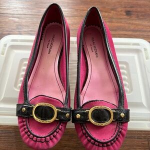 Isaac Mizrahi for Target Pink Suede Loafers – Black Patent Trim & Gold Buckle